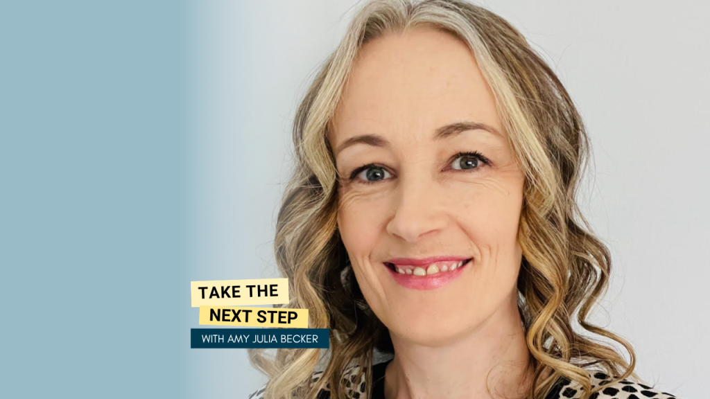 Carrie Hahn poses for a portrait. Bold text in yellow text boxes near the middle of the photo says Take the Next Step.