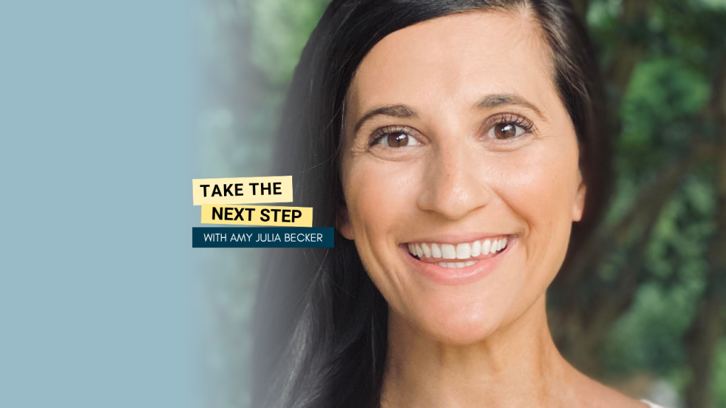 Jordan Arogeti poses for a portrait outside. Bold text in yellow text boxes near the middle of the photo says Take the Next Step.