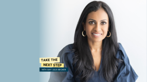 Niro Feliciano poses for a portrait. Bold text in yellow text boxes near the middle of the photo says Take the Next Step.