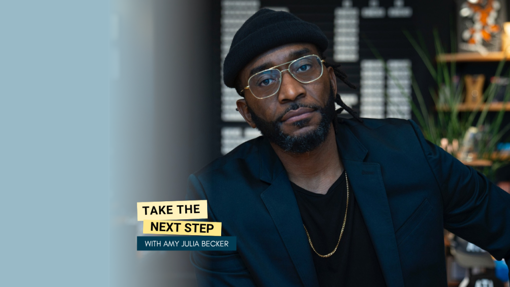 Sho Baraka poses for a portrait. Bold text in yellow text boxes near the middle of the photo says Take the Next Step.