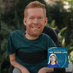 Kevan Chandler poses for an outdoor portrait. He is sitting in a wheelchair. In the lower right corner is the cover of the “Reimagining the Good Life with Amy Julia Becker” podcast, along with a white audio waveform graphic.
