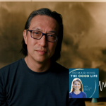 Makoto Fujimura poses for an indoor portrait. In the lower right corner is the cover of the “Reimagining the Good Life with Amy Julia Becker” podcast, along with a white audio waveform graphic.