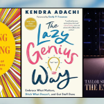 A horizontal collage of five book and media covers. From left to right: a close-up photo of hands assembling a jigsaw puzzle on a brown rug; the bright yellow and red cover of From Behaving to Belonging: The Inclusive Art of Supporting Students Who Challenge Us by Julie Causton and Kate MacLeod; the illustrated white cover of The Lazy Genius Way by Kendra Adachi; a dark concert-style image of a person walking through a glowing doorway labeled Taylor Swift: The Eras Tour – The End of an Era; and the cover of the film Deliver Me From Nowhere