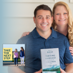 Todd and Kristin Evans poses for an indoor portrait. In the lower left corner is the cover of the “Take the Next Step with Amy Julia Becker” podcast with Penny, who has Down syndrome, walking with Amy Julia on a dirt path.