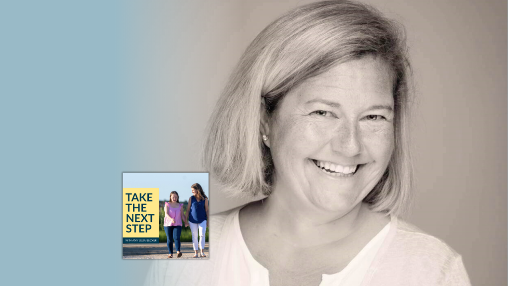 Adrian Wood poses for an indoor portrait. In the lower left corner is the cover of the “Take the Next Step with Amy Julia Becker” podcast with Penny, who has Down syndrome, walking with Amy Julia on a dirt path.