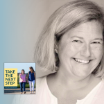 Adrian Wood poses for an indoor portrait. In the lower left corner is the cover of the “Take the Next Step with Amy Julia Becker” podcast with Penny, who has Down syndrome, walking with Amy Julia on a dirt path.