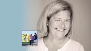 Adrian Wood poses for an indoor portrait. In the lower left corner is the cover of the “Take the Next Step with Amy Julia Becker” podcast with Penny, who has Down syndrome, walking with Amy Julia on a dirt path.