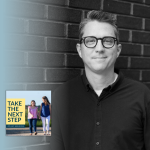 Matthew Mooney poses for a portrait. In the lower left is the cover of the “Take the Next Step with Amy Julia Becker” podcast with Penny, who has Down syndrome, walking with Amy Julia on a dirt path.