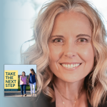 Angela O'Brien poses for an indoor portrait. In the lower left is the cover of the “Take the Next Step with Amy Julia Becker” podcast with Penny, who has Down syndrome, walking with Amy Julia on a dirt path.