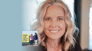 Angela O'Brien poses for an indoor portrait. In the lower left is the cover of the “Take the Next Step with Amy Julia Becker” podcast with Penny, who has Down syndrome, walking with Amy Julia on a dirt path.
