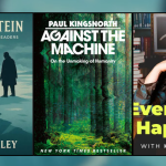 Five side-by-side panels: a close-up of a colorful iPad on a desk; a teal book cover of Frankenstein by Mary Shelley with two figures facing each other across an icy crevasse; the green forest-themed cover of Against the Machine by Paul Kingsnorth; a portrait of Kate Bowler with the title “Everything Happens” in yellow text; and a gray panel reading “The Ezra Klein Show” with a New York Times logo