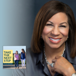 Juli Henderson poses for a portrait. In the lower left is the cover of the “Take the Next Step with Amy Julia Becker” podcast with Penny, who has Down syndrome, walking with Amy Julia on a dirt path.