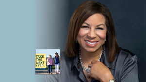 Juli Henderson poses for a portrait. In the lower left is the cover of the “Take the Next Step with Amy Julia Becker” podcast with Penny, who has Down syndrome, walking with Amy Julia on a dirt path.