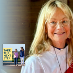 Pam Harmon poses for a portrait. In the lower left is the cover of the “Take the Next Step with Amy Julia Becker” podcast with Penny, who has Down syndrome, walking with Amy Julia on a dirt path.