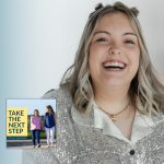 Renee Dollenmayer poses for a portrait. In the lower left is the cover of the “Take the Next Step with Amy Julia Becker” podcast with Penny, who has Down syndrome, walking with Amy Julia on a dirt path.