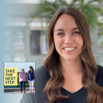 Emily Longino poses for a portrait outside. In the lower left is the cover of the “Take the Next Step with Amy Julia Becker” podcast with Penny, who has Down syndrome, walking with Amy Julia on a dirt path.