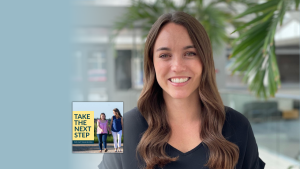 Emily Longino poses for a portrait outside. In the lower left is the cover of the “Take the Next Step with Amy Julia Becker” podcast with Penny, who has Down syndrome, walking with Amy Julia on a dirt path.