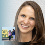 Rebecca Wall poses for a portrait. In the lower left is the cover of the “Take the Next Step with Amy Julia Becker” podcast with Penny, who has Down syndrome, walking with Amy Julia on a dirt path.