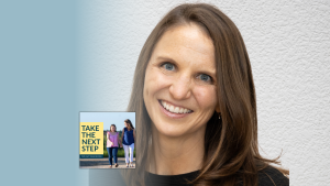 Rebecca Wall poses for a portrait. In the lower left is the cover of the “Take the Next Step with Amy Julia Becker” podcast with Penny, who has Down syndrome, walking with Amy Julia on a dirt path.