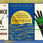 A collage featuring several panels: a close-up of a person using a wheelchair; the book cover On Repentance and Repair by Danya Ruttenberg; the book cover Flourish by Daniel Coyle; an image of two hands connected with bright green string in a web-like pattern; and a smiling Sammy Basso wearing glasses and a jacket while seated in a wheelchair.