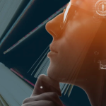 Side profile of a person wearing glasses, resting their chin on their hand in a thoughtful pose, with an open book behind them. Digital interface graphics and data overlays appear across the image, suggesting the intersection of reading, learning, and artificial intelligence.