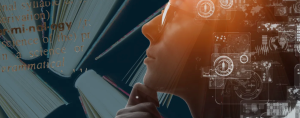 Side profile of a person wearing glasses, resting their chin on their hand in a thoughtful pose, with an open book behind them. Digital interface graphics and data overlays appear across the image, suggesting the intersection of reading, learning, and artificial intelligence.