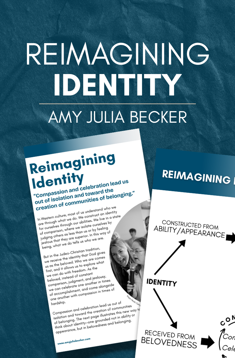 blue graphic with a title of Reimagining Identity and two pages: The main page includes the heading “Reimagining Identity” and a quote about compassion and belonging. A second page partially visible features a diagram contrasting identity constructed from ability/appearance with identity received from belovedness.