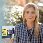 Katherine Wolf poses for a portrait outside in a garden. In the lower left is the cover of the “Take the Next Step with Amy Julia Becker” podcast with Penny, who has Down syndrome, walking with Amy Julia on a dirt path.