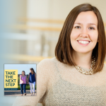 Meghan Burke poses for a portrait inside a library. In the lower left is the cover of the “Take the Next Step with Amy Julia Becker” podcast with Penny, who has Down syndrome, walking with Amy Julia on a dirt path.