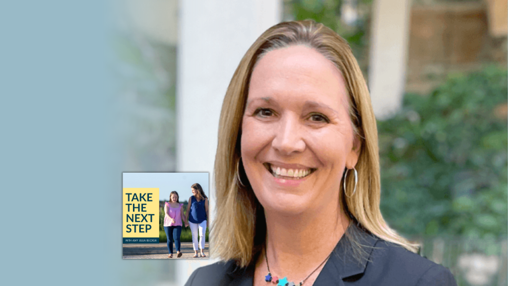 Sheli Reynolds poses for a portrait outside. In the lower left is the cover of the “Take the Next Step with Amy Julia Becker” podcast with Penny, who has Down syndrome, walking with Amy Julia on a dirt path.