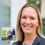 Sheli Reynolds poses for a portrait outside. In the lower left is the cover of the “Take the Next Step with Amy Julia Becker” podcast with Penny, who has Down syndrome, walking with Amy Julia on a dirt path.