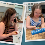 1. Penny talks on the phone while holding a pill bottle. 2. She smiles as she sorts medication into a blue weekly pill organizer at a wooden table