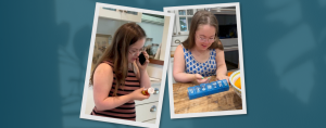 1. Penny talks on the phone while holding a pill bottle. 2. She smiles as she sorts medication into a blue weekly pill organizer at a wooden table