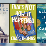 A horizontal collage of book and movie covers displayed side by side. Visible covers include Sinners on the far left with a fiery orange-red design, On the Basis of Sex featuring a woman in a blue suit standing before courthouse columns, All the Light We Cannot See with a blue sky over a cityscape, an abstract black-and-white cover with small glowing light icons arranged in a grid, and a partially visible white cover on the far right with bold black letters beginning “BEI.”
