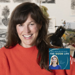 Podcast graphic for Reimagining the Good Life, Season 10 Episode 1. Sara Hendren poses for an indoor portrait with text overlay that reads: “How to Design a More Human World with Sara Hendren.” Near the bottom is the podcast logo, which features a portrait of Amy Julia Becker smiling in a blue top against a dark teal background with curved gold accents and the text: “Reimagining the Good Life with Amy Julia Becker.”