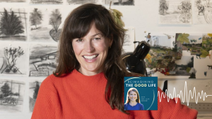 Podcast graphic for Reimagining the Good Life, Season 10 Episode 1. Sara Hendren poses for an indoor portrait with text overlay that reads: “How to Design a More Human World with Sara Hendren.” Near the bottom is the podcast logo, which features a portrait of Amy Julia Becker smiling in a blue top against a dark teal background with curved gold accents and the text: “Reimagining the Good Life with Amy Julia Becker.”