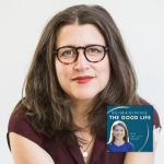 Tish Harrison Warren poses for an indoor portrait. In the lower right corner is the logo of the “Reimagining the Good Life with Amy Julia Becker” podcast, along with a white audio waveform graphic.