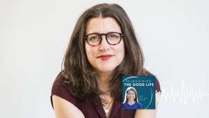 Tish Harrison Warren poses for an indoor portrait. In the lower right corner is the logo of the “Reimagining the Good Life with Amy Julia Becker” podcast, along with a white audio waveform graphic.
