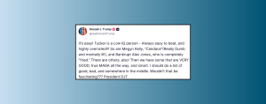 Screenshot of a social media post attributed to Donald J. Trump (@realDonaldTrump), in which he criticizes several media figures by name, including Tucker Carlson, Megyn Kelly, Candace Owens, and Alex Jones, using derogatory language and describing them in contrasting categories of “bad” and “very good” supporters.