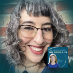 Rabbi Danya Ruttenberg smiles for portrait. In the lower right corner is the logo of the “Reimagining the Good Life with Amy Julia Becker” podcast, along with a white audio waveform graphic.