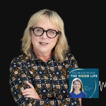 Karen Swallow Prior poses for portrait. In the lower right corner is the logo of the “Reimagining the Good Life with Amy Julia Becker” podcast, along with a white audio waveform graphic.