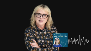 Karen Swallow Prior poses for portrait. In the lower right corner is the logo of the “Reimagining the Good Life with Amy Julia Becker” podcast, along with a white audio waveform graphic.