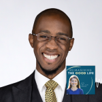 Malcolm Foley smiles for portrait. In the lower right corner is the logo of the “Reimagining the Good Life with Amy Julia Becker” podcast, along with a white audio waveform graphic.