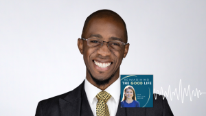 Malcolm Foley smiles for portrait. In the lower right corner is the logo of the “Reimagining the Good Life with Amy Julia Becker” podcast, along with a white audio waveform graphic.