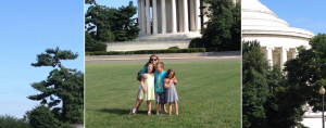 2015 photo of Amy Julia wearing sunglasses and standing on a grassy lawn in front of the Jefferson Memorial. She is smiling and hugging three Penny, William, and Marilee, who are standing close together and facing the camera on a sunny day with a clear blue sky