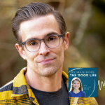 Brian Trapp smiles for an outdoor portrait. In the lower right corner is the logo of the “Reimagining the Good Life with Amy Julia Becker” podcast, along with a white audio waveform graphic.