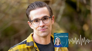 Brian Trapp smiles for an outdoor portrait. In the lower right corner is the logo of the “Reimagining the Good Life with Amy Julia Becker” podcast, along with a white audio waveform graphic.