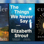 A collage of five book and media covers displayed side by side. From left to right: The House on the Prairie promotional artwork featuring a family seated together outdoors; Whistler by Ann Patchett, showing a saddled horse standing in a moonlit landscape; The Things We Never Say by Elizabeth Strout, with a blue cover and a glowing white figure reflected in water; The Culture Code by Daniel Coyle, featuring a black cover with a gold circular design; and The Birchbark House by Louise Erdrich, with a colorful illustrated cover of a young Indigenous girl surrounded by vibrant geometric patterns.