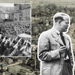 A composite graphic featuring a vintage illustrated aerial view of the German town of Bethel as the background. In the foreground, a black-and-white cutout photograph of Dietrich Bonhoeffer faces right. To his left, an inset historical photograph shows a large Nazi rally with crowds giving the Hitler salute and swastika banners displayed in a town square.