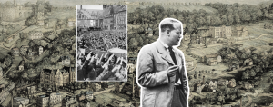 A composite graphic featuring a vintage illustrated aerial view of the German town of Bethel as the background. In the foreground, a black-and-white cutout photograph of Dietrich Bonhoeffer faces right. To his left, an inset historical photograph shows a large Nazi rally with crowds giving the Hitler salute and swastika banners displayed in a town square.